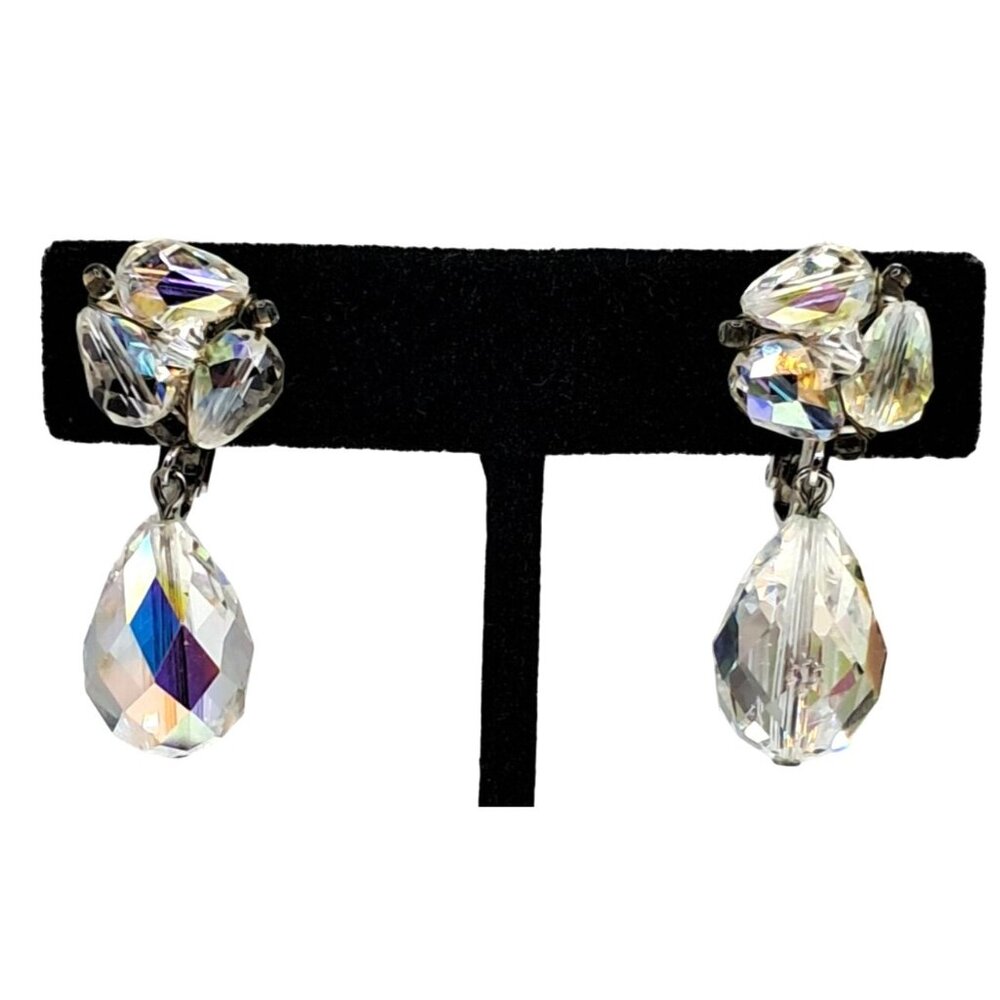 Vintage Vendome Crystal Earrings Dangling Drop Aurora Borealis Beaded‎ Clip Ons